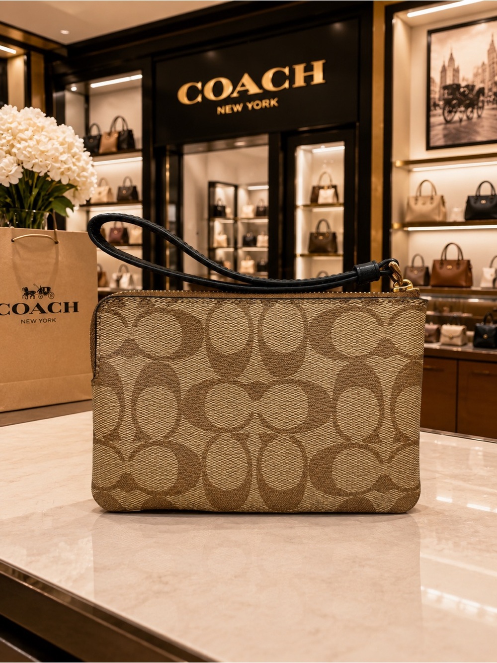 Coach Signature Canvas Corner Zip Wristlet in Khaki and Black - Picture 3 of 5